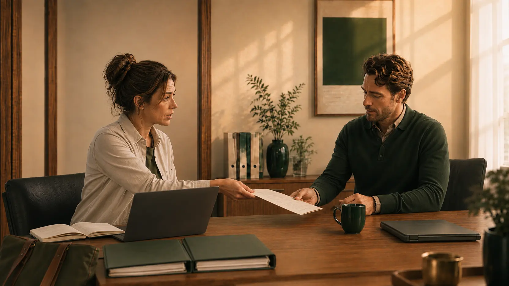 Erik en een medewerker bespreken een werkoverzicht